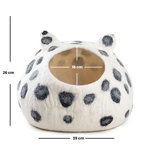 Dalmatian Spotted Wool Felt Cat Cave | Handmade Pet Bed with Ears | Modern Cozy Kitten House and Condo Woolygon