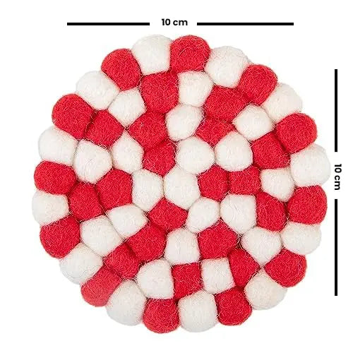 Red & White Felt Ball Round Coasters | Handmade Wool Drink Mats | Vibrant Holiday Candy Cane Table Decor Woolygon