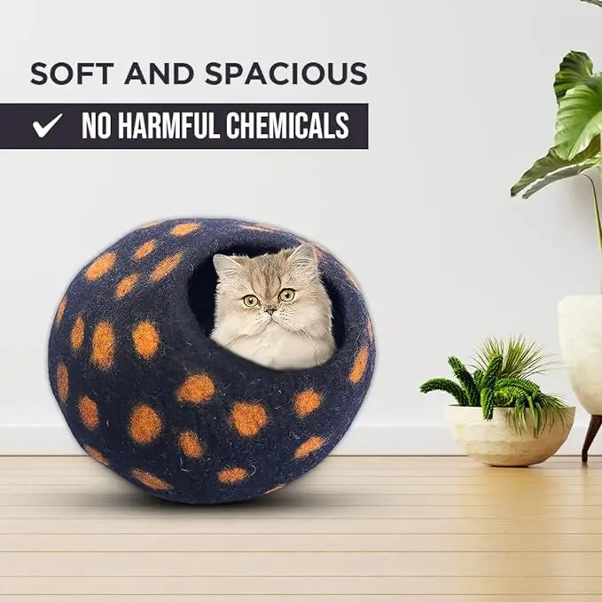 Luxury Felt Cat Cave Bed - Polka Dot Series - Handcrafted Wool Kitty Bed for Indoor Cats - Eco-Friendly Merino Wool, Foldable Hideaway House Woolygon