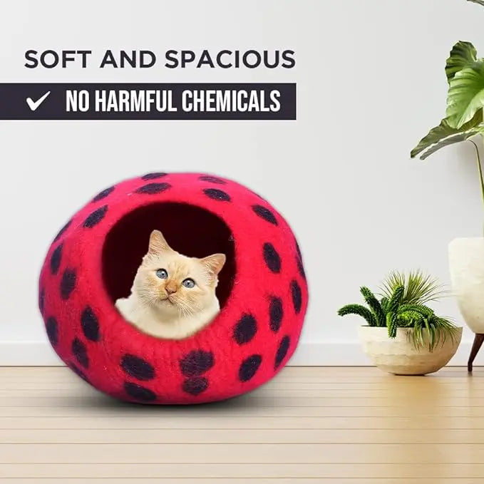 Luxury Felt Cat Cave Bed - Polka Dot Series - Handcrafted Wool Kitty Bed for Indoor Cats - Eco-Friendly Merino Wool, Foldable Hideaway House Woolygon