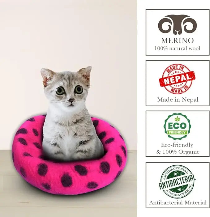 Luxury Felt Cat Cave Bed - Polka Dot Series - Handcrafted Wool Kitty Bed for Indoor Cats - Eco-Friendly Merino Wool, Foldable Hideaway House Woolygon
