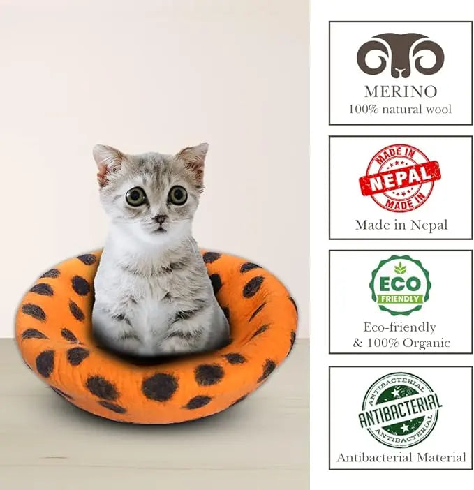 Playful Orange Polka Dot Wool Felt Cat Cave - Purrfect Hideaway Woolygon