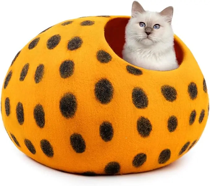 Playful Orange Polka Dot Wool Felt Cat Cave - Purrfect Hideaway Woolygon
