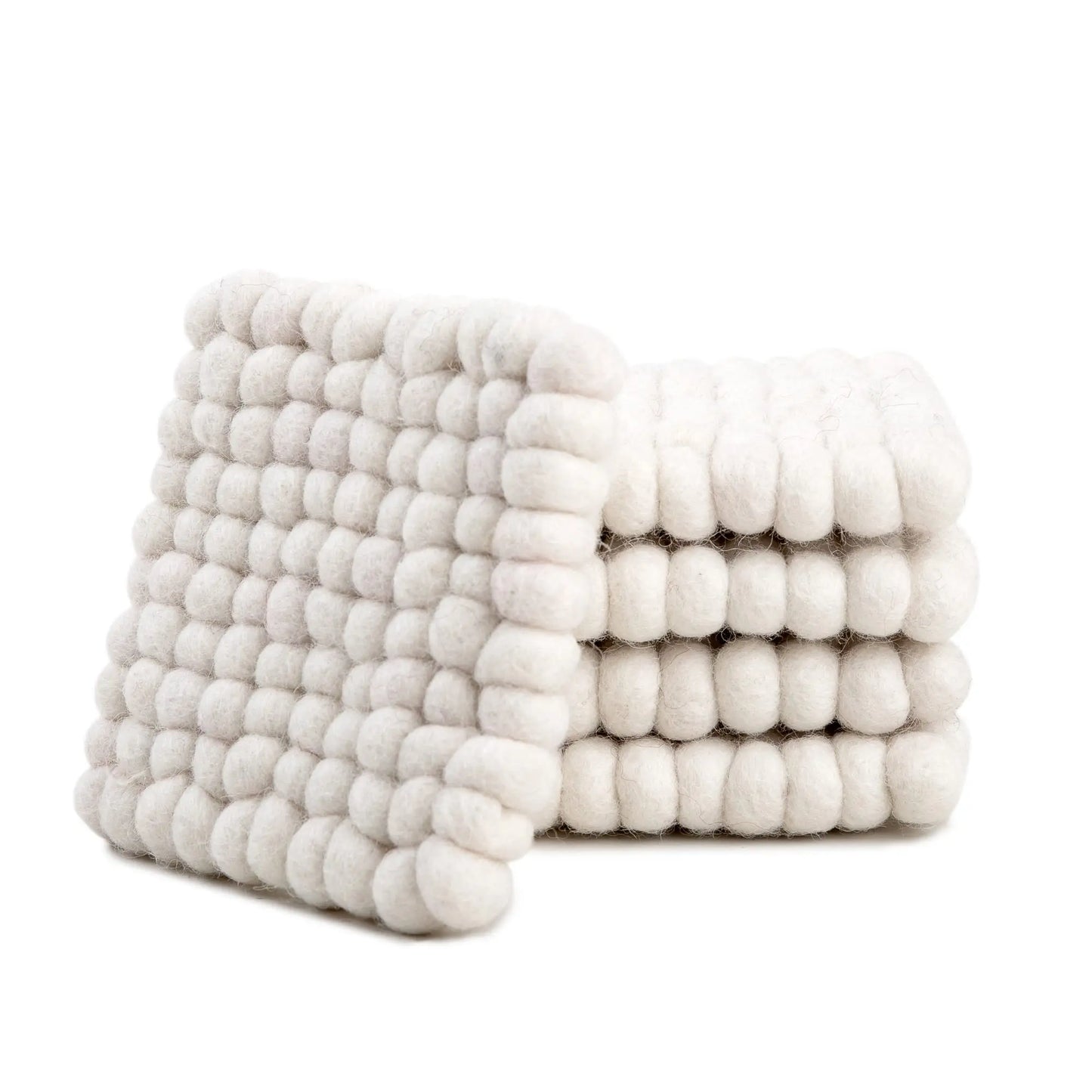 White Wool Felt Ball Square Coaster Set | Handmade Absorbent Drink Mats | Minimalist Scandinavian Table Decor Woolygon