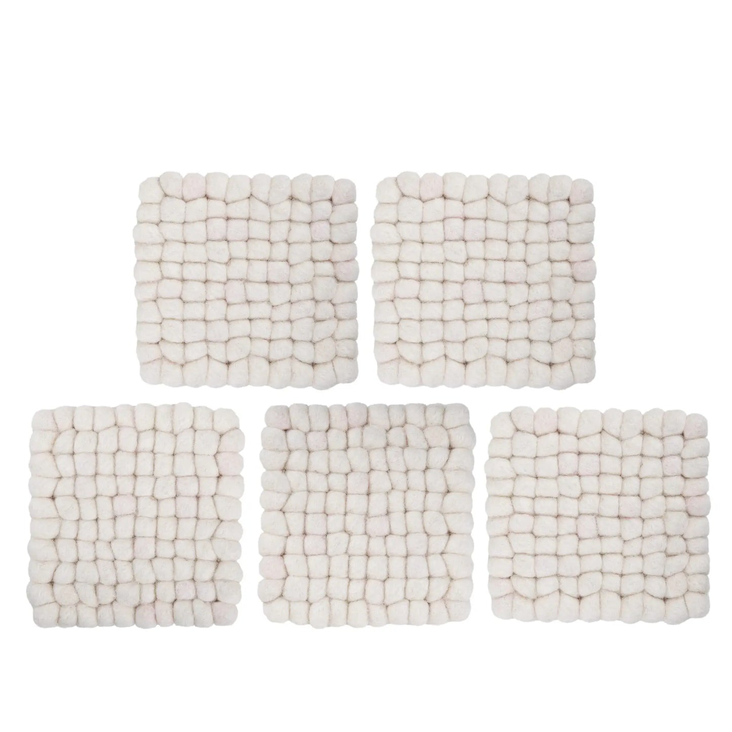 White Wool Felt Ball Square Coaster Set | Handmade Absorbent Drink Mats | Minimalist Scandinavian Table Decor Woolygon