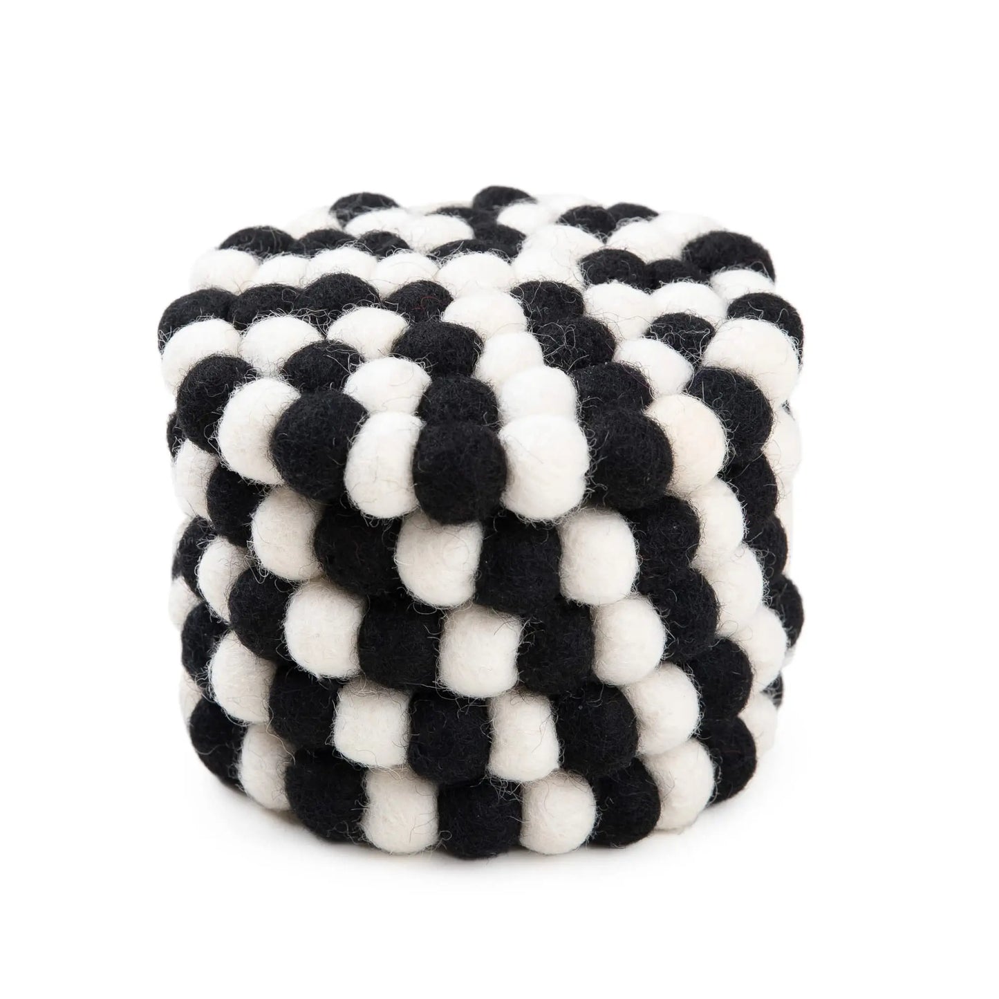 Black & White Felt Ball Coaster Set | Scandinavian Wool Hot Pad Coaster | Checkerboard Kitchen Table Decor Woolygon