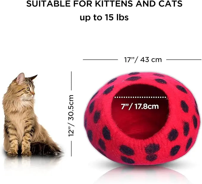 Luxury Felt Cat Cave Bed - Polka Dot Series - Handcrafted Wool Kitty Bed for Indoor Cats - Eco-Friendly Merino Wool, Foldable Hideaway House Woolygon