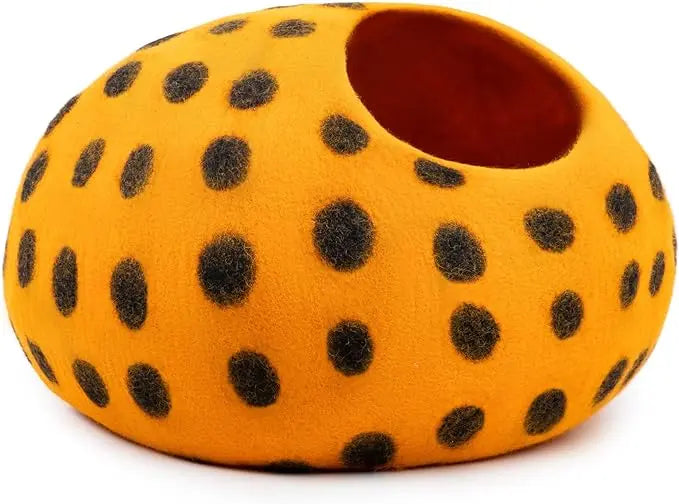 Playful Orange Polka Dot Wool Felt Cat Cave - Purrfect Hideaway Woolygon