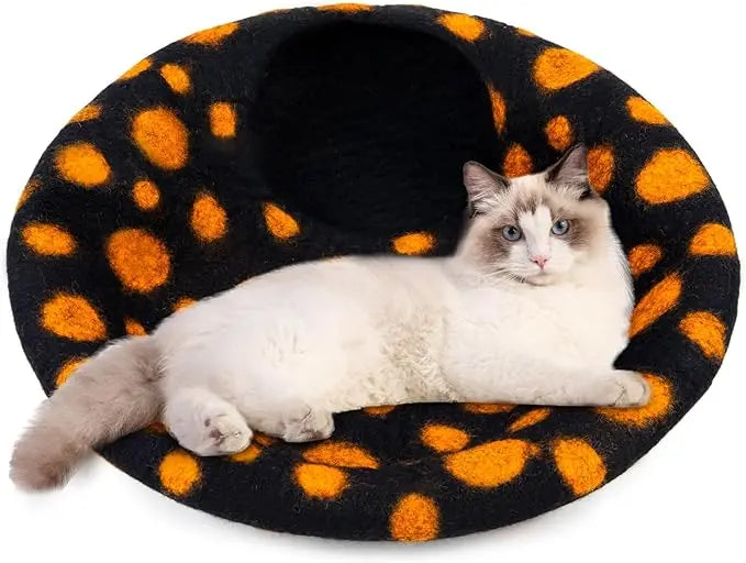 Luxury Felt Cat Cave Bed - Polka Dot Series - Handcrafted Wool Kitty Bed for Indoor Cats - Eco-Friendly Merino Wool, Foldable Hideaway House Woolygon