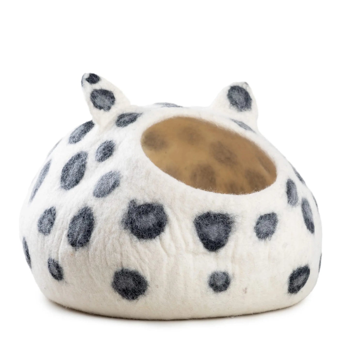 Dalmatian Spotted Wool Felt Cat Cave | Handmade Pet Bed with Ears | Modern Cozy Kitten House and Condo Woolygon