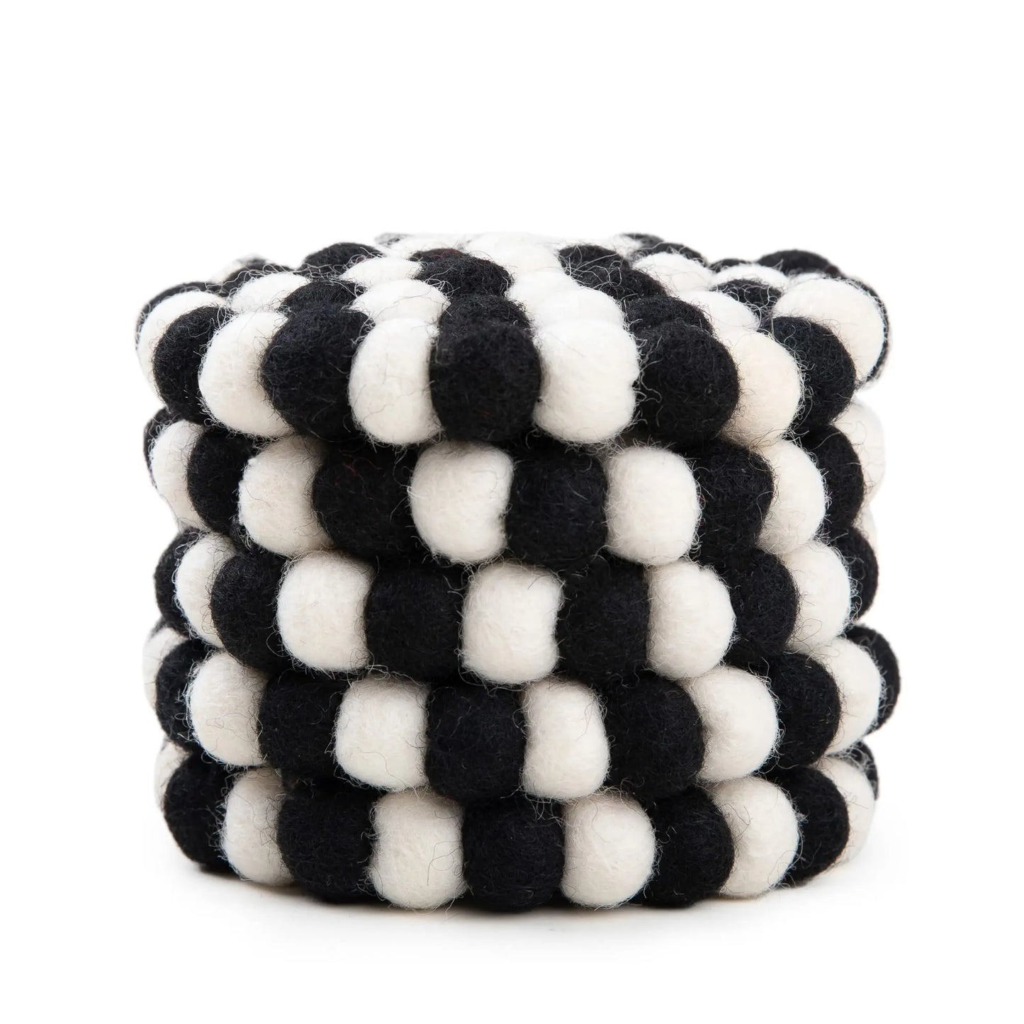 Black & White Felt Ball Coaster Set | Scandinavian Wool Hot Pad Coaster | Checkerboard Kitchen Table Decor Woolygon