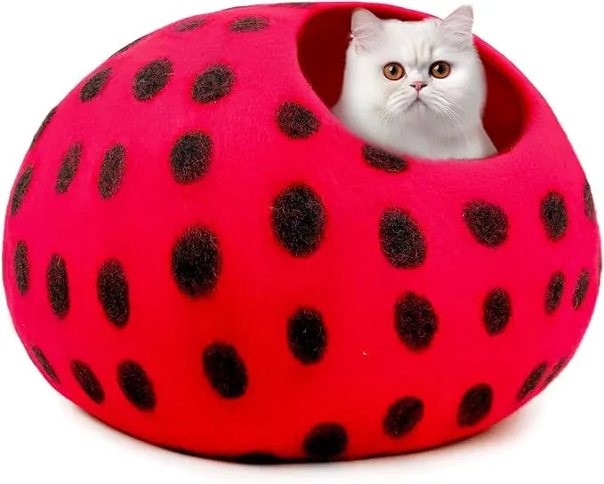 Luxury Felt Cat Cave Bed - Polka Dot Series - Handcrafted Wool Kitty Bed for Indoor Cats - Eco-Friendly Merino Wool, Foldable Hideaway House Woolygon
