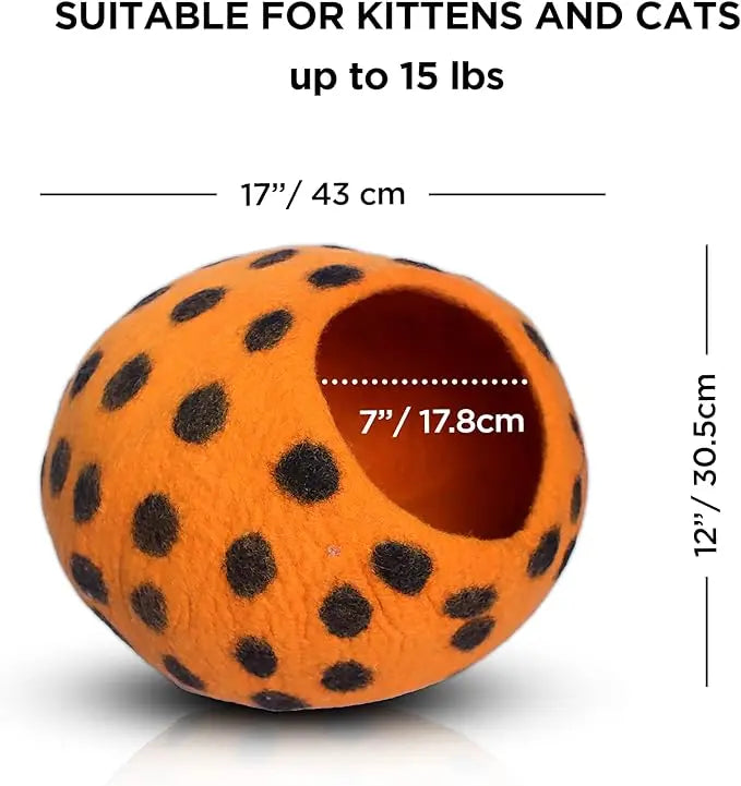 Playful Orange Polka Dot Wool Felt Cat Cave - Purrfect Hideaway Woolygon