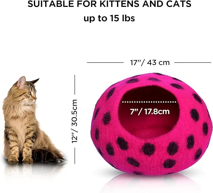 Luxury Felt Cat Cave Bed - Polka Dot Series - Handcrafted Wool Kitty Bed for Indoor Cats - Eco-Friendly Merino Wool, Foldable Hideaway House Woolygon