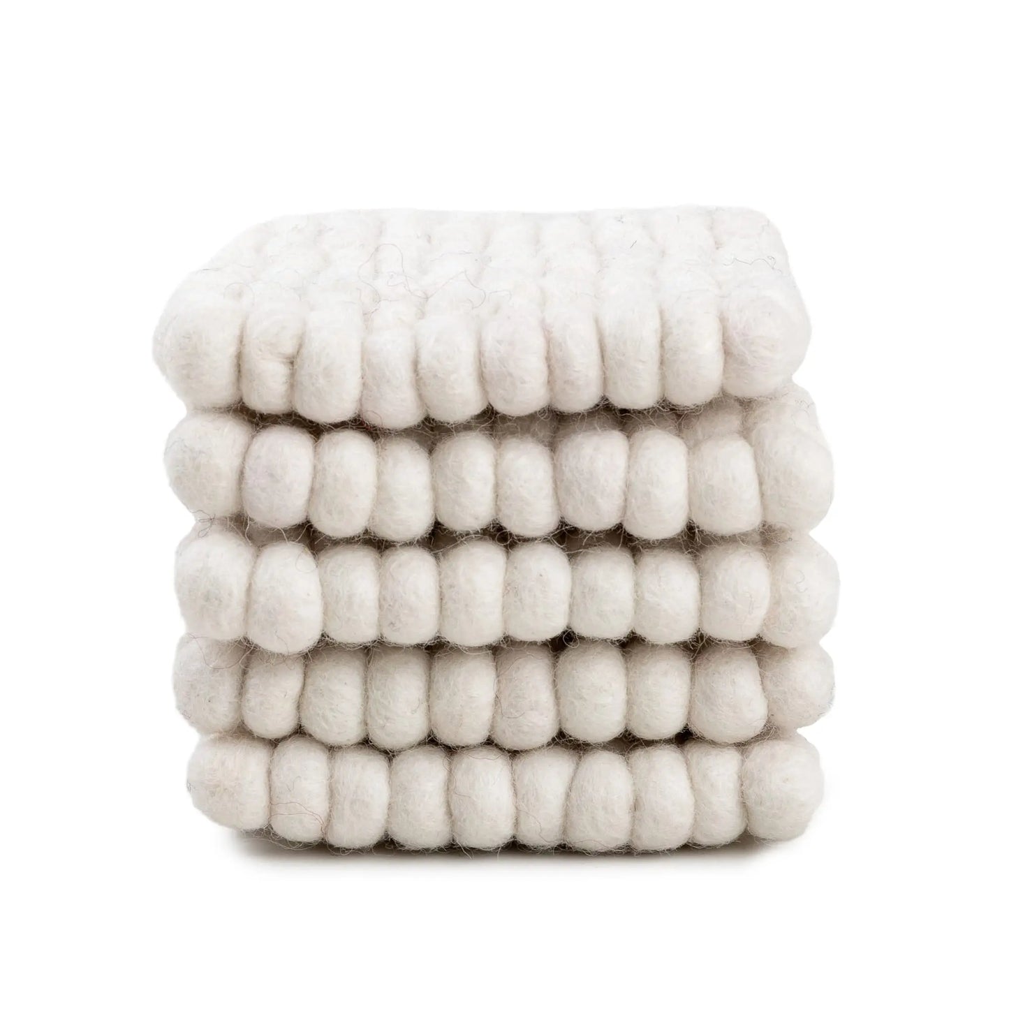 White Wool Felt Ball Square Coaster Set | Handmade Absorbent Drink Mats | Minimalist Scandinavian Table Decor Woolygon