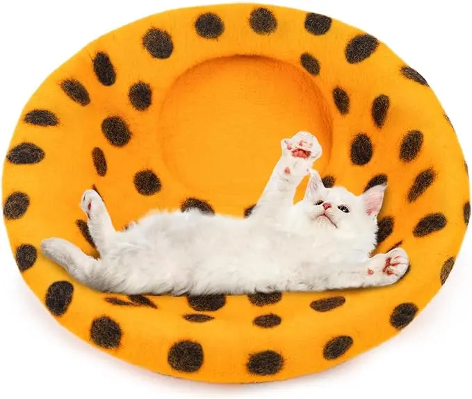 Playful Orange Polka Dot Wool Felt Cat Cave - Purrfect Hideaway Woolygon