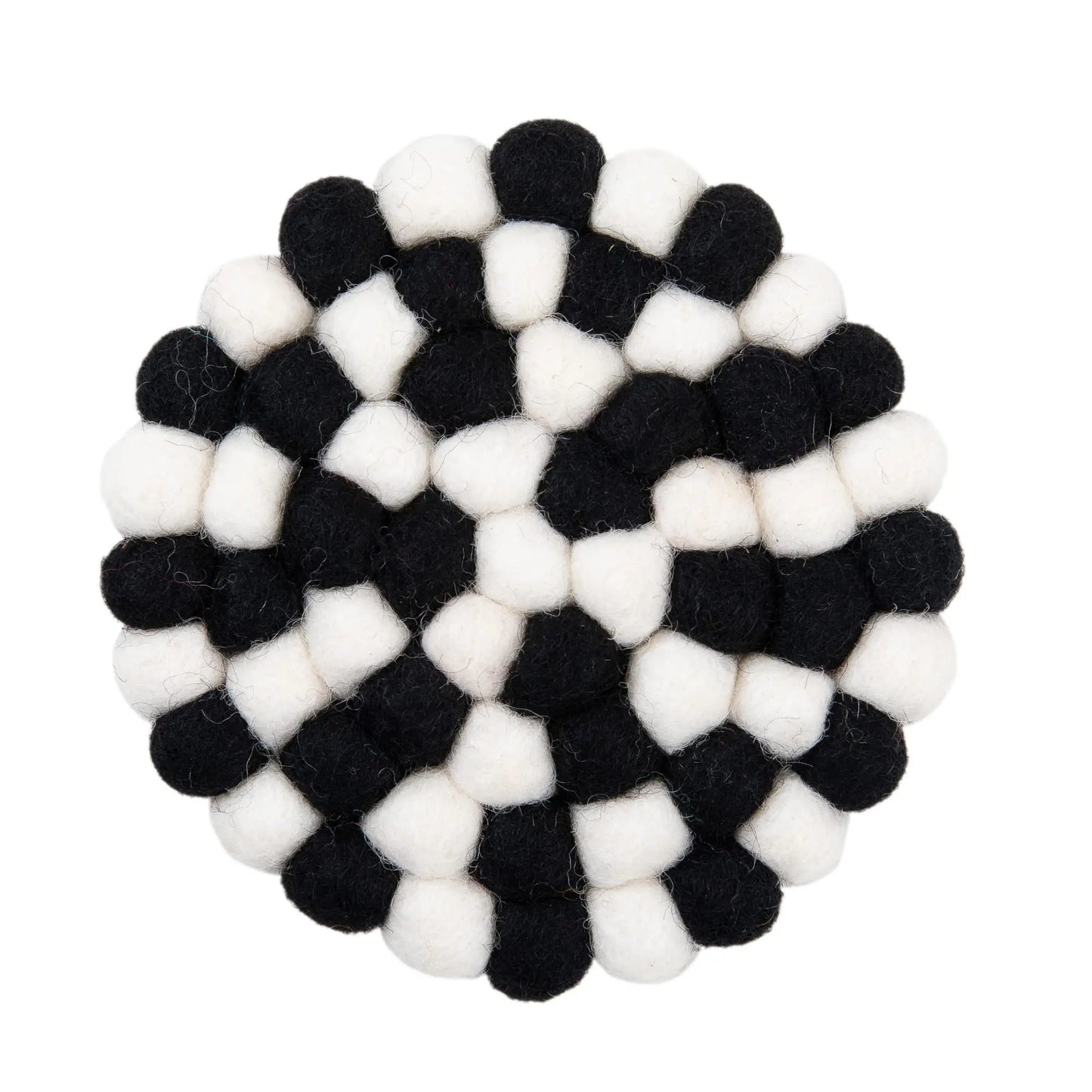 Black & White Felt Ball Coaster Set | Scandinavian Wool Hot Pad Coaster | Checkerboard Kitchen Table Decor Woolygon
