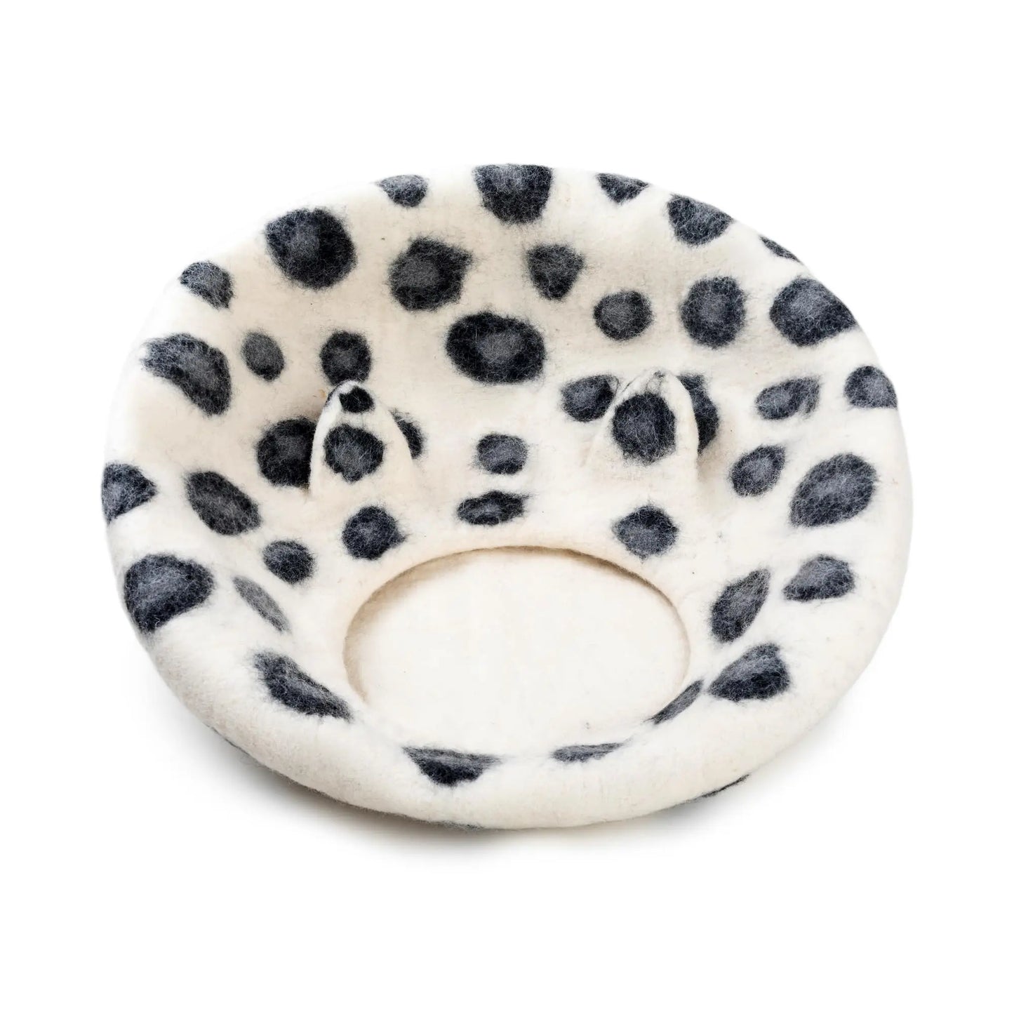 Dalmatian Spotted Wool Felt Cat Cave | Handmade Pet Bed with Ears | Modern Cozy Kitten House and Condo Woolygon