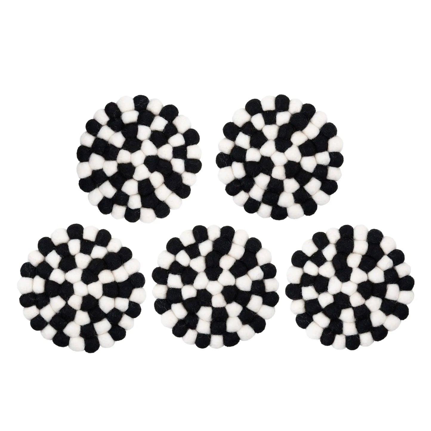 Black & White Felt Ball Coaster Set | Scandinavian Wool Hot Pad Coaster | Checkerboard Kitchen Table Decor Woolygon