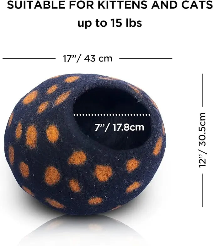 Luxury Felt Cat Cave Bed - Polka Dot Series - Handcrafted Wool Kitty Bed for Indoor Cats - Eco-Friendly Merino Wool, Foldable Hideaway House Woolygon
