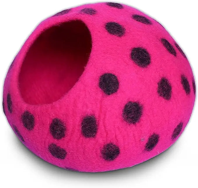Luxury Felt Cat Cave Bed - Polka Dot Series - Handcrafted Wool Kitty Bed for Indoor Cats - Eco-Friendly Merino Wool, Foldable Hideaway House Woolygon