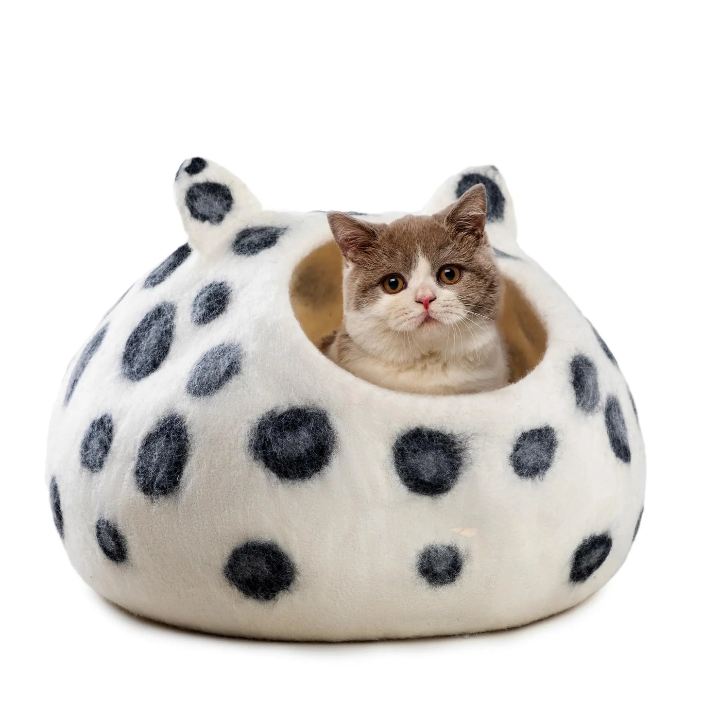 Dalmatian Spotted Wool Felt Cat Cave | Handmade Pet Bed with Ears | Modern Cozy Kitten House and Condo Woolygon