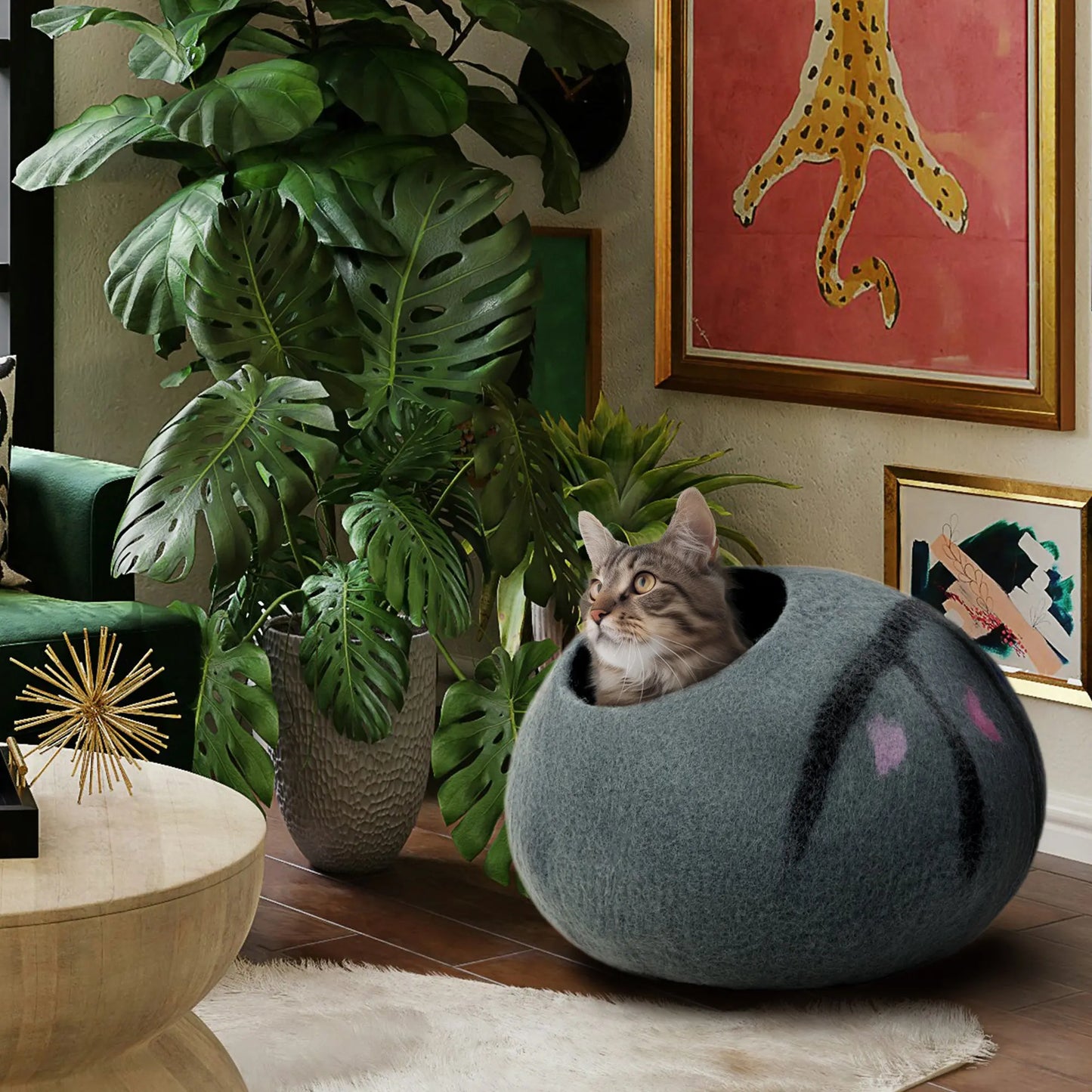 Large handmade cat cave in natural wool
