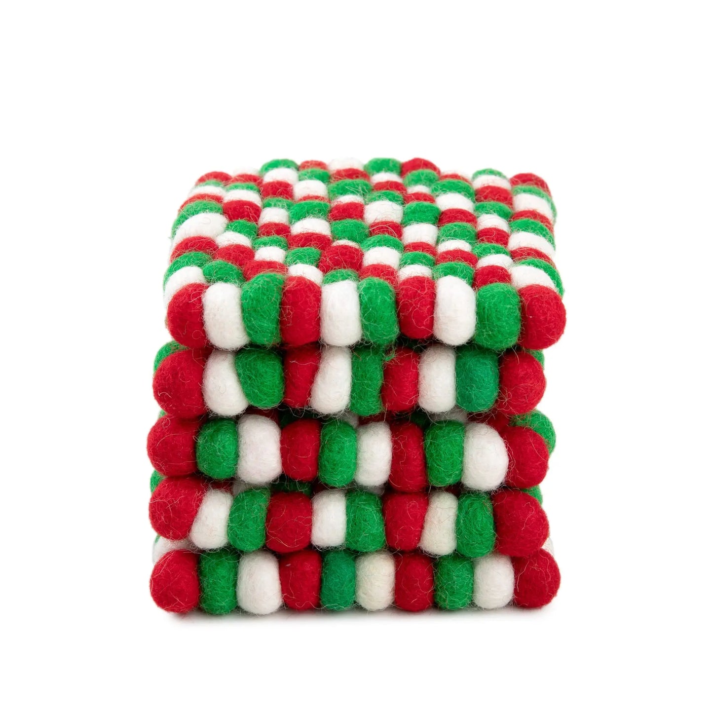 Christmas Wool Felt Ball Square Coasters | Red Green White Holiday Drink Mats | Checkerboard Festive Table Decor Gift Woolygon