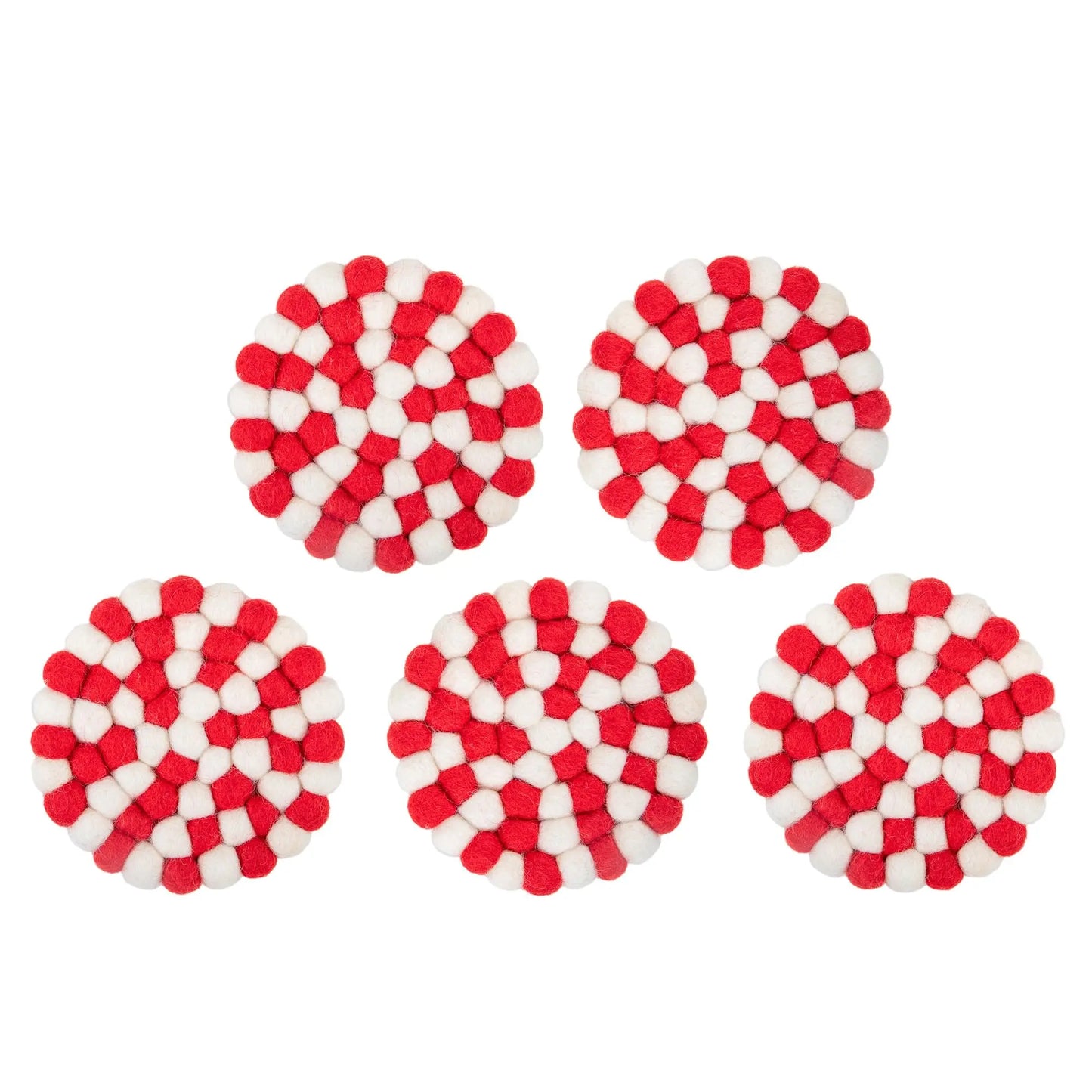 Red & White Felt Ball Round Coasters | Handmade Wool Drink Mats | Vibrant Holiday Candy Cane Table Decor Woolygon