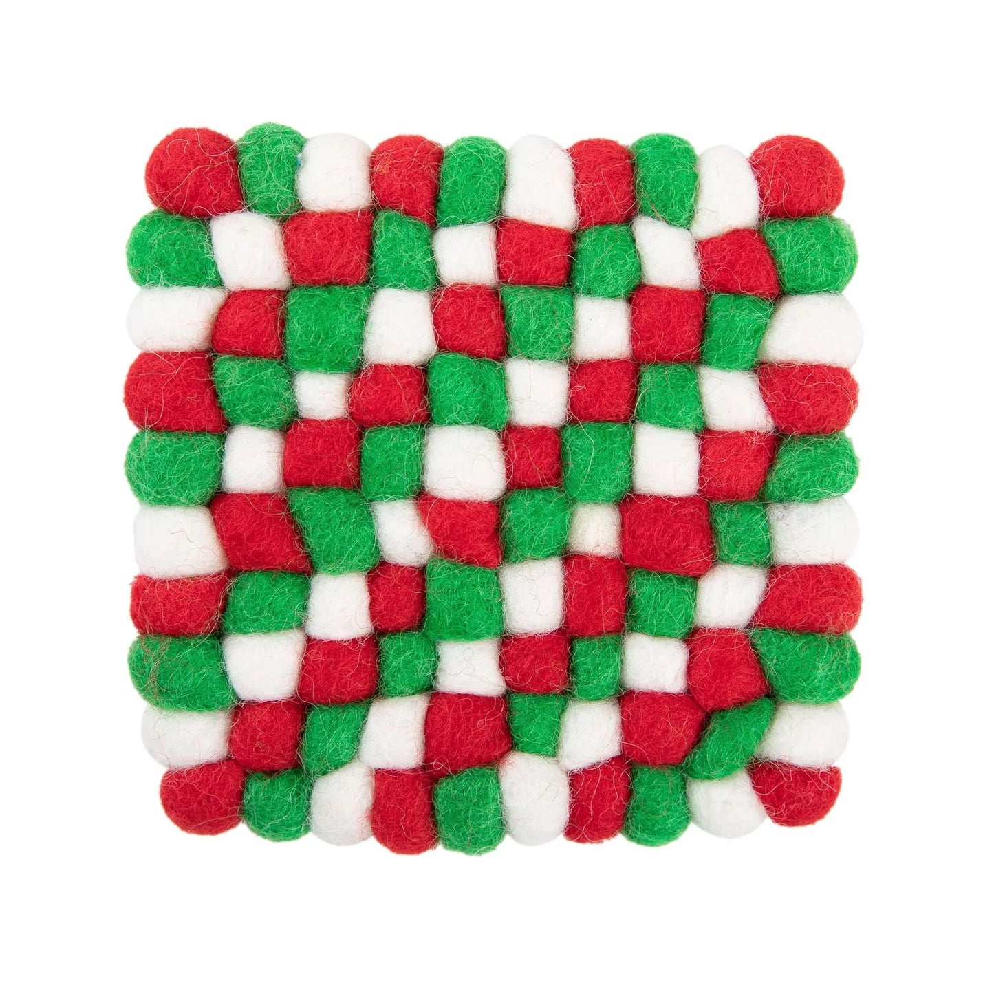 Christmas Wool Felt Ball Square Coasters | Red Green White Holiday Drink Mats | Checkerboard Festive Table Decor Gift Woolygon