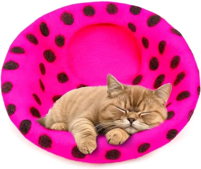 Luxury Felt Cat Cave Bed - Polka Dot Series - Handcrafted Wool Kitty Bed for Indoor Cats - Eco-Friendly Merino Wool, Foldable Hideaway House Woolygon