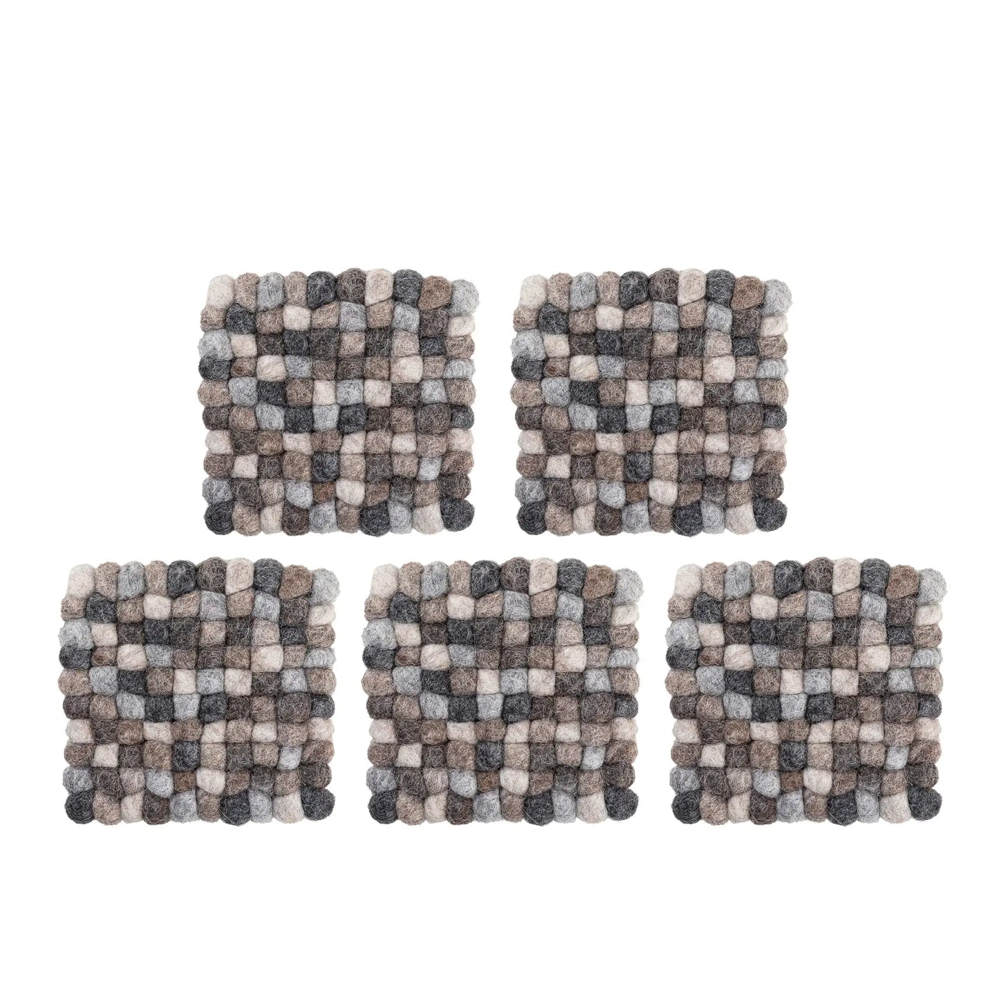 Natural Tones Wool Felt Ball Coaster Set | Handmade Neutral Gray Brown Drink Mats | Eco-Friendly Rustic Farmhouse Table Decor Woolygon