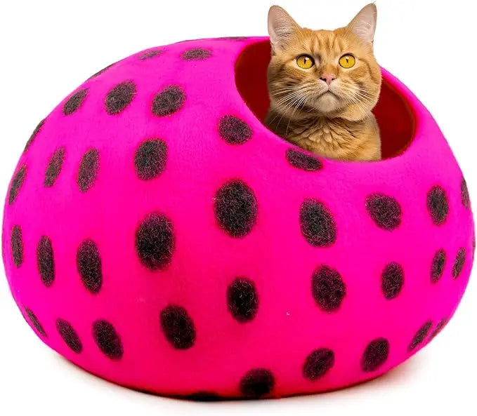 Luxury Felt Cat Cave Bed - Polka Dot Series - Handcrafted Wool Kitty Bed for Indoor Cats - Eco-Friendly Merino Wool, Foldable Hideaway House Woolygon