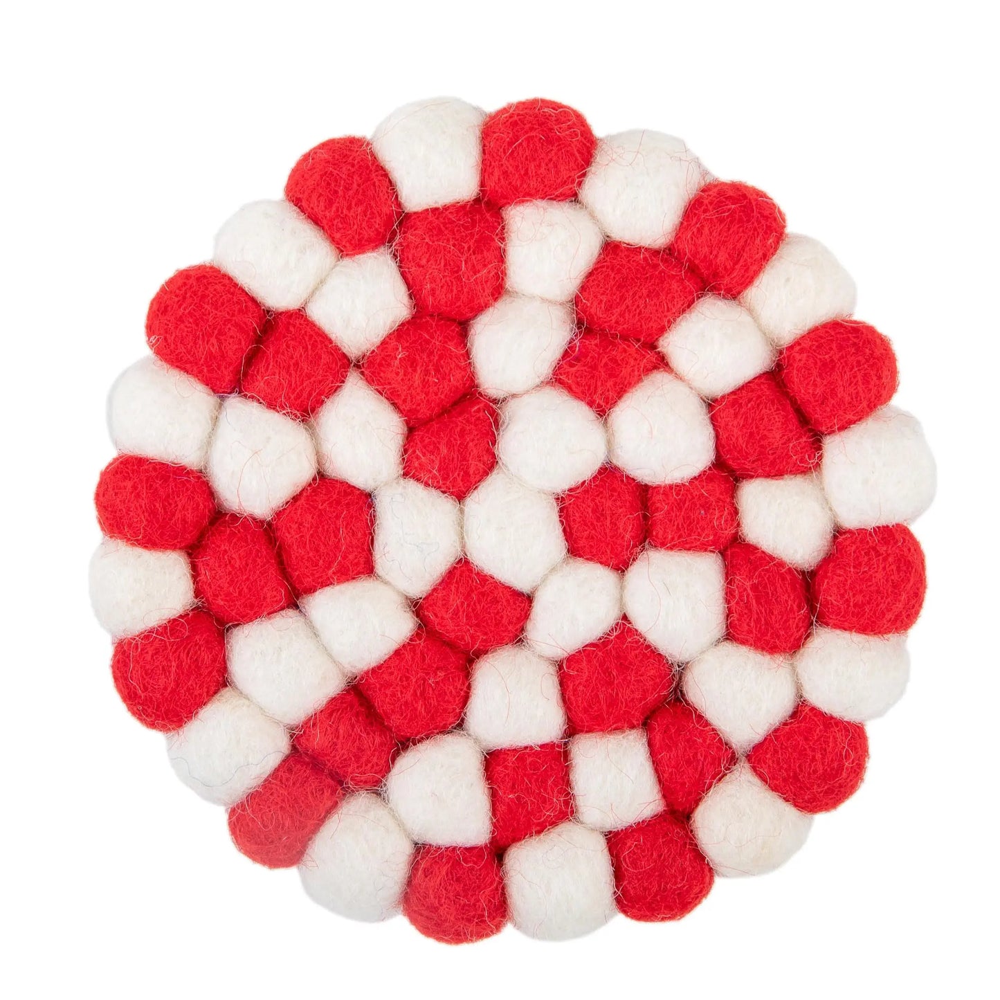 Red & White Felt Ball Round Coasters | Handmade Wool Drink Mats | Vibrant Holiday Candy Cane Table Decor Woolygon