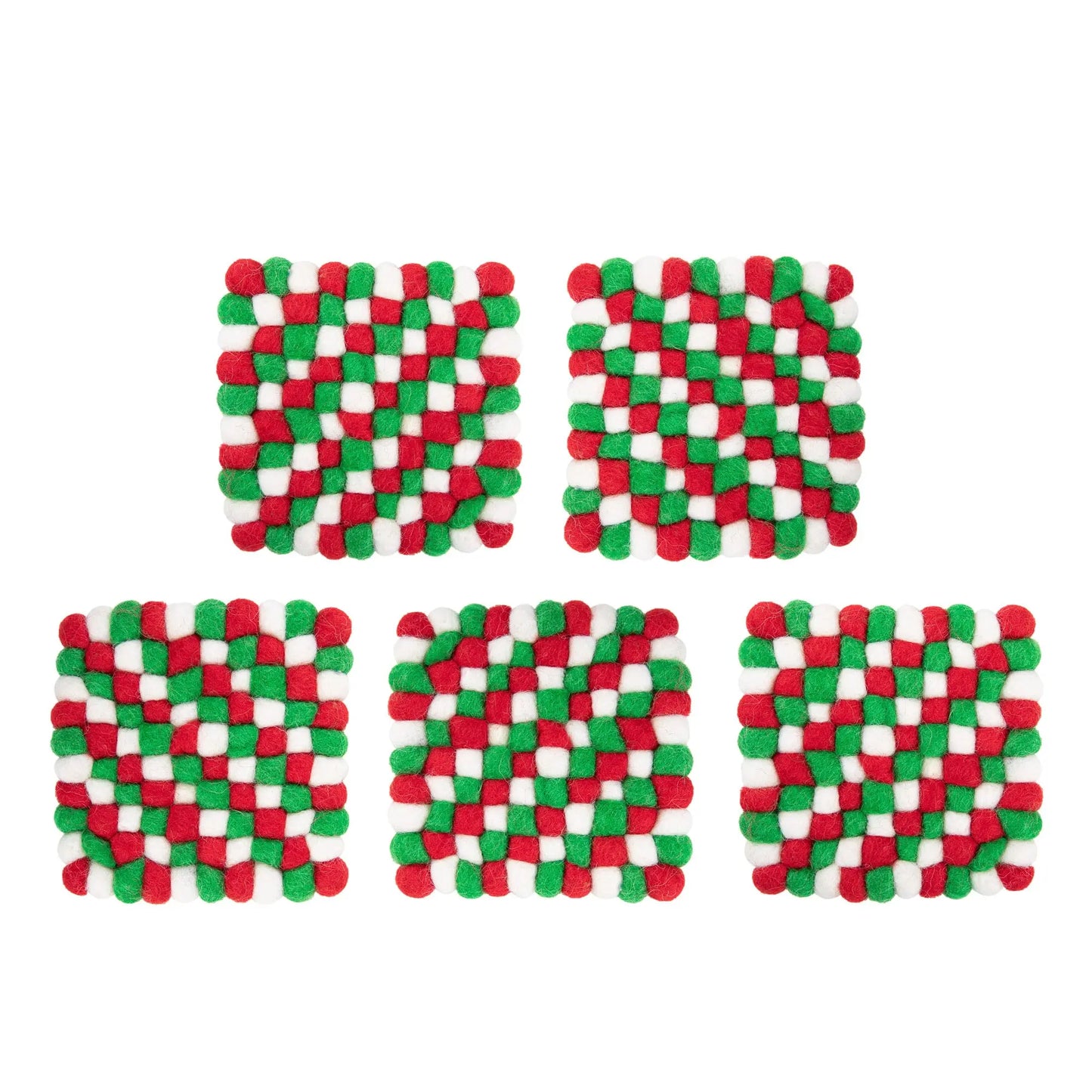 Christmas Wool Felt Ball Square Coasters | Red Green White Holiday Drink Mats | Checkerboard Festive Table Decor Gift Woolygon