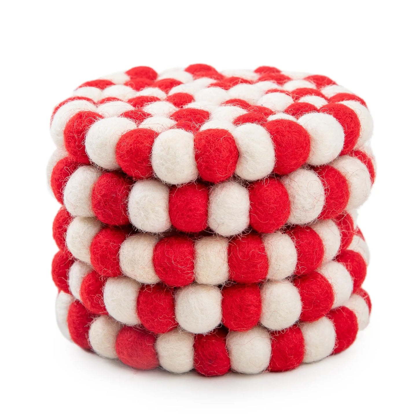 Red & White Felt Ball Round Coasters | Handmade Wool Drink Mats | Vibrant Holiday Candy Cane Table Decor Woolygon