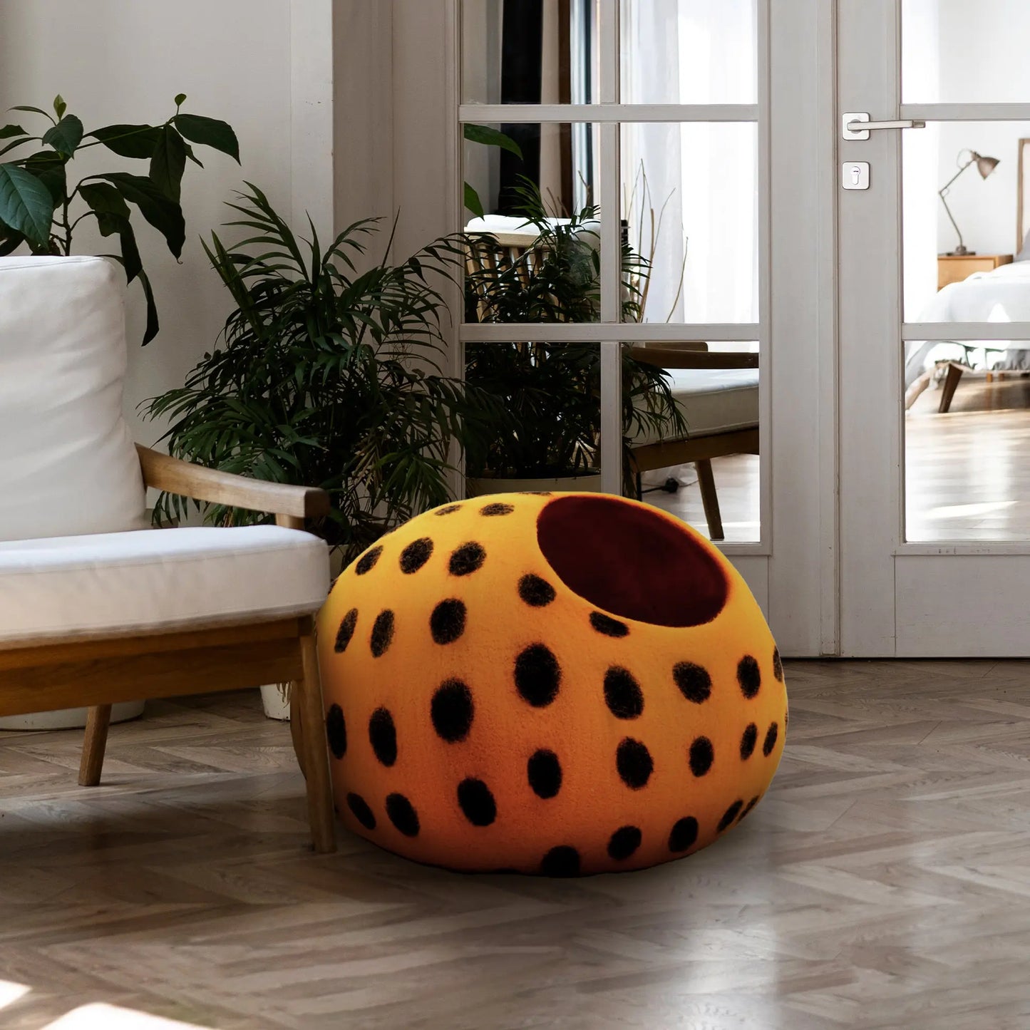 Playful Orange Polka Dot Wool Felt Cat Cave - Purrfect Hideaway Woolygon