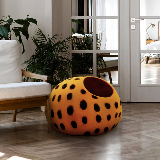 Playful Orange Polka Dot Wool Felt Cat Cave - Purrfect Hideaway Woolygon