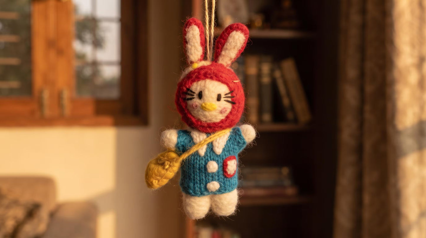 Hand Felted Bunny Christmas Ornament with Red Hood & Blue Dress