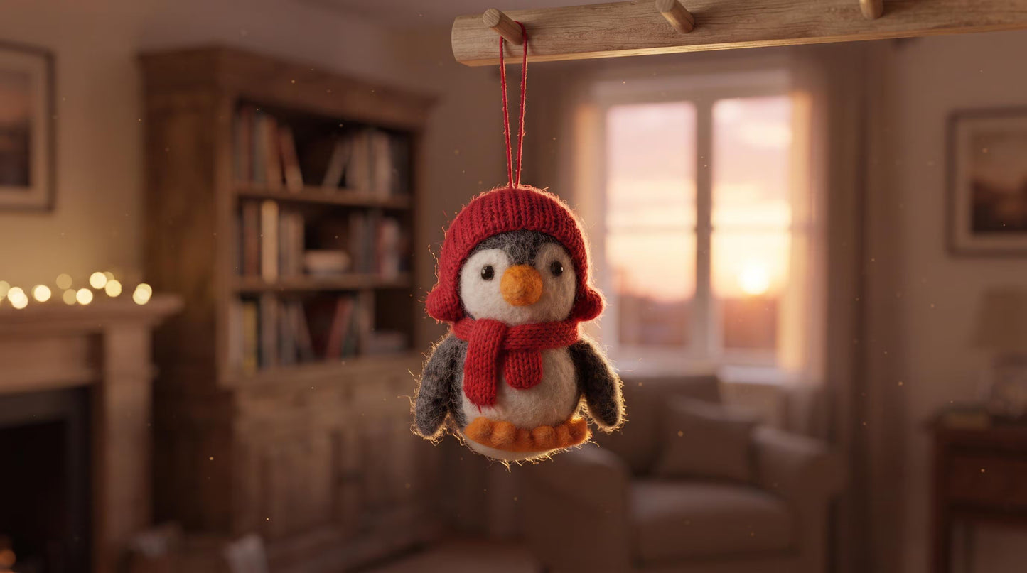 Handmade Felt Penguin Christmas Ornament with Red Earmuffs