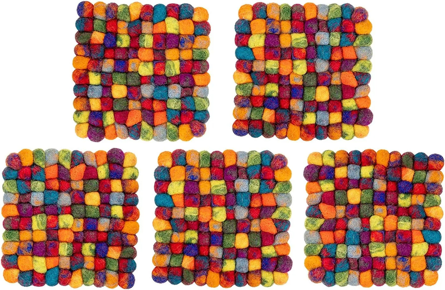 Square Felt Ball Coasters - 100% Merino Wool Table Coasters - Felt Coaster Pads, Absorbent Trivet for Drinks - Heat Resistant, Thick & Durable Hand Felted in Nepal by Woolygon- Multicolor - Set of 5 Woolygon