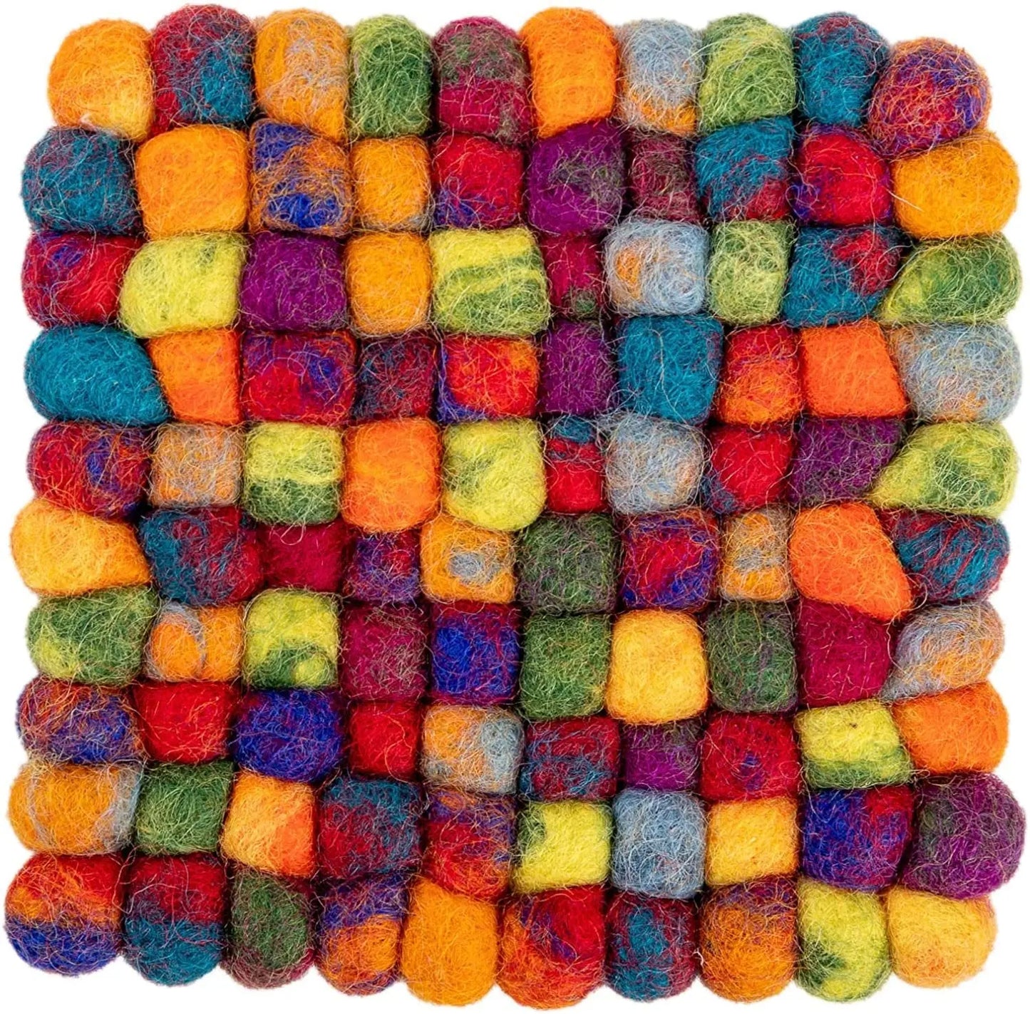 Square Felt Ball Coasters - 100% Merino Wool Table Coasters - Felt Coaster Pads, Absorbent Trivet for Drinks - Heat Resistant, Thick & Durable Hand Felted in Nepal by Woolygon- Multicolor - Set of 5 Woolygon