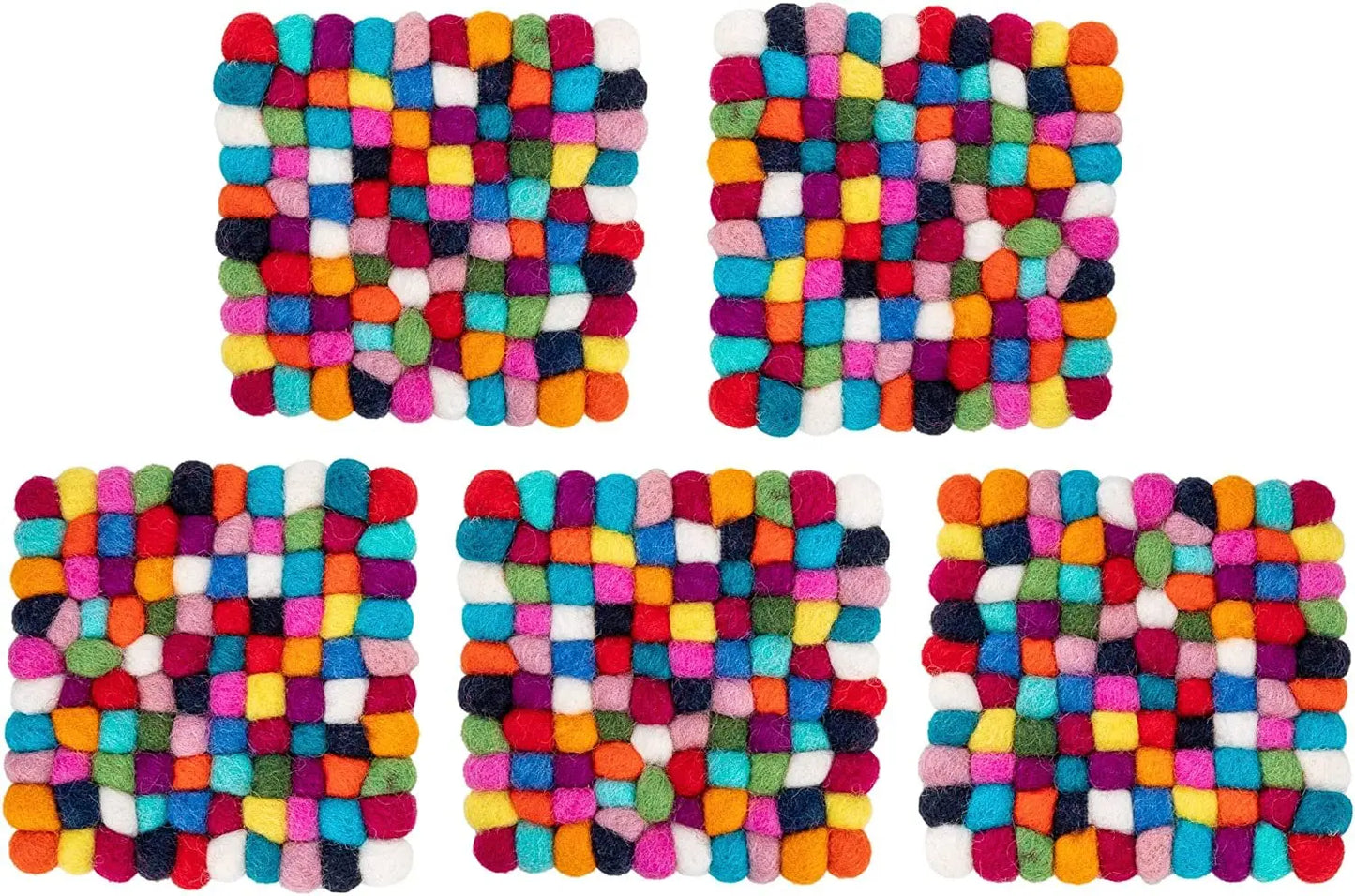 Square Felt Ball Coasters - 100% Merino Wool Table Coasters - Felt Coaster Pads, Absorbent Trivet for Drinks - Heat Resistant, Thick & Durable Hand Felted in Nepal by Woolygon- Multicolor - Set of 5 Woolygon