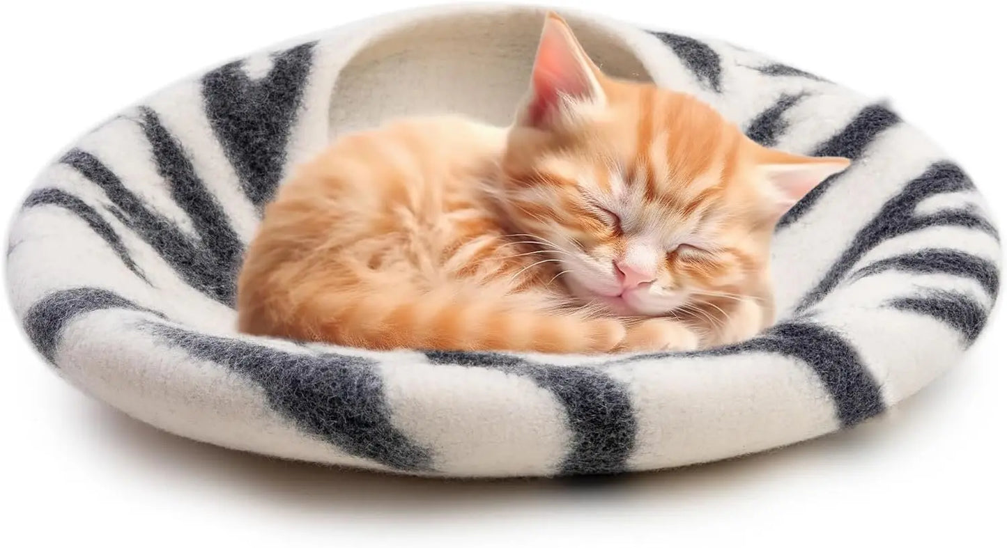 Woolygon Premium Felt Cat Cave Bed – Wool Kitty Beds Handcrafted Kitten Caves Bed for Indoor Cats - Made from 100% Eco-Friendly Merino Wool, Foldable Cat Hidewawy Covered Cat House Pod (Rainbow Twist) Woolygon