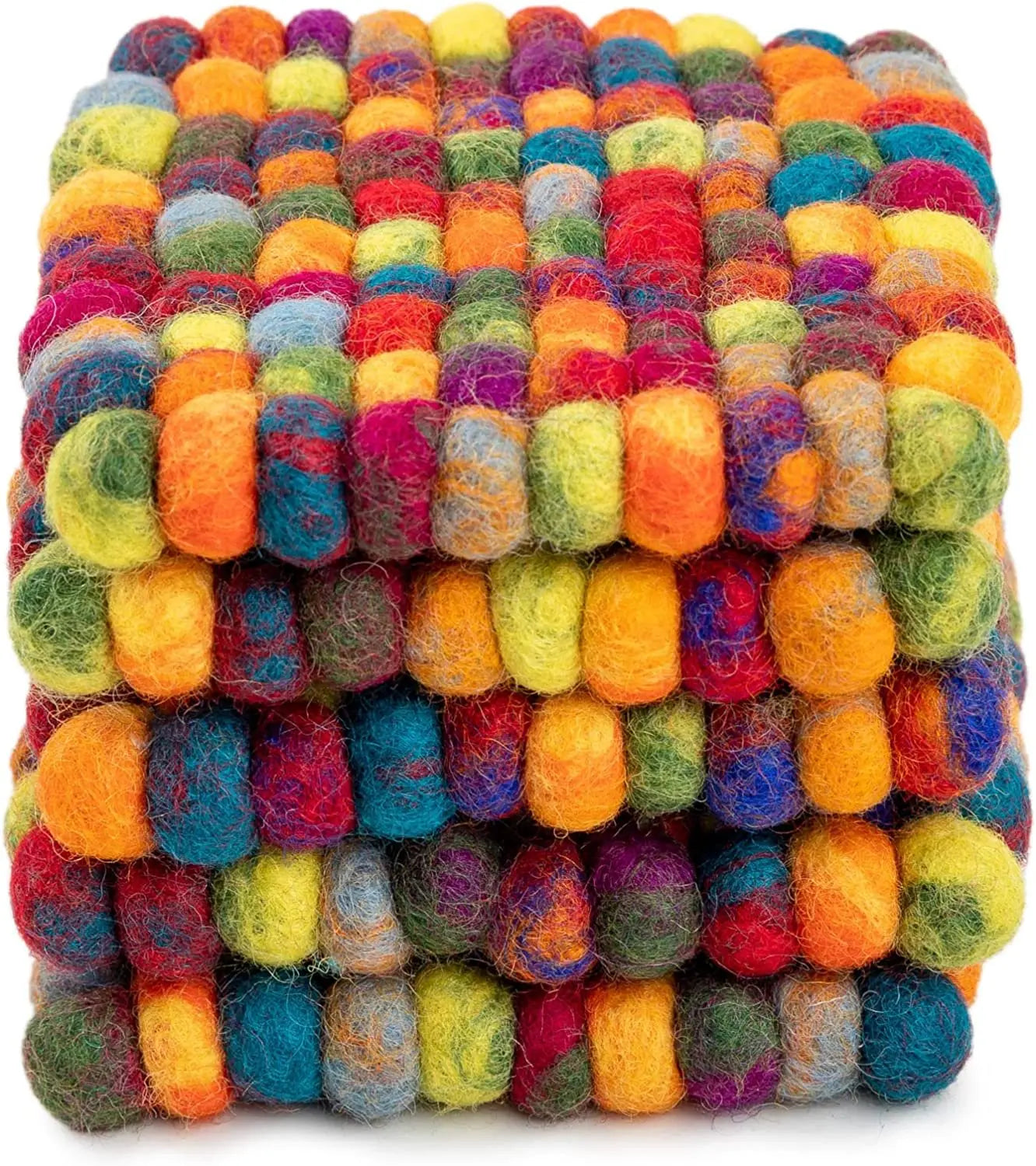 Square Felt Ball Coasters - 100% Merino Wool Table Coasters - Felt Coaster Pads, Absorbent Trivet for Drinks - Heat Resistant, Thick & Durable Hand Felted in Nepal by Woolygon- Multicolor - Set of 5 Woolygon