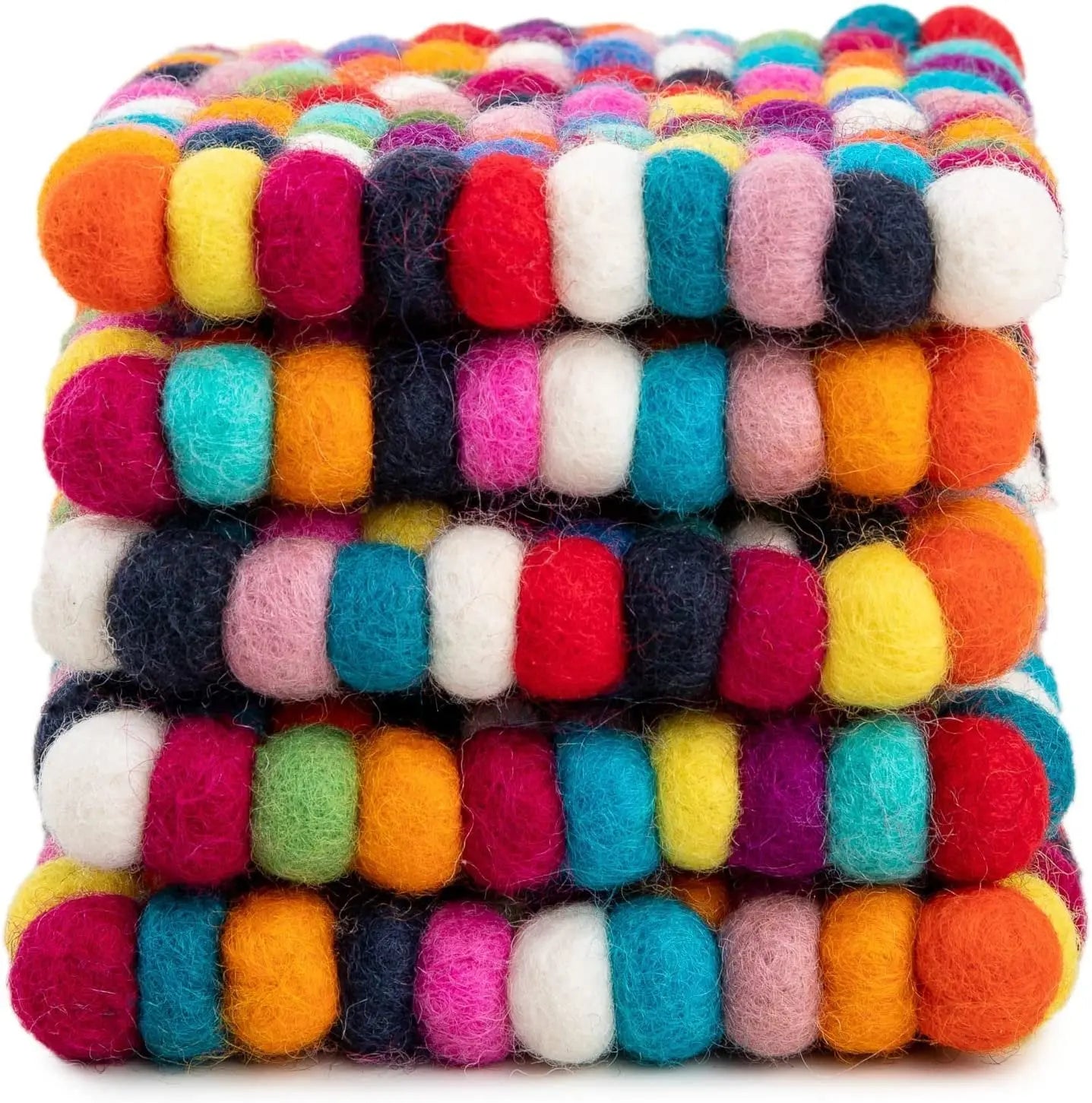Square Felt Ball Coasters - 100% Merino Wool Table Coasters - Felt Coaster Pads, Absorbent Trivet for Drinks - Heat Resistant, Thick & Durable Hand Felted in Nepal by Woolygon- Multicolor - Set of 5 Woolygon