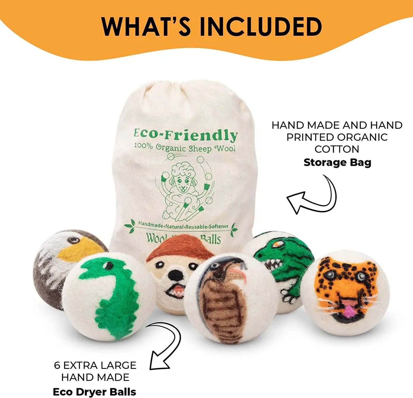 Woolygon Wool Dryer Balls - Animal Face Printed Reusable Organic Fabric Softener Balls, Handmade Fair Trade No Lint Extra Large Laundry Balls, Reduces Clothing Wrinkles Best for Cloth Drying - 6 Pack Woolygon