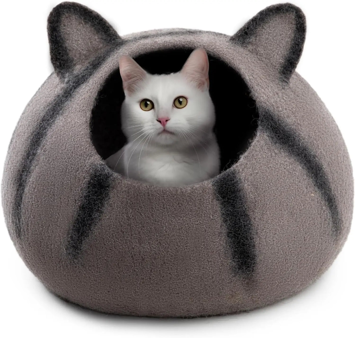 Woolygon Wool Cat Cave Bed - Handcrafted 100% Merino Wool, Eco-Friendly Felt Cat Cave for Indoor Cats and Kittens (Tabby Ears) Woolygon