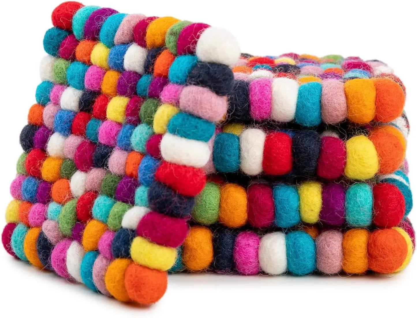 Square Felt Ball Coasters - 100% Merino Wool Table Coasters - Felt Coaster Pads, Absorbent Trivet for Drinks - Heat Resistant, Thick & Durable Hand Felted in Nepal by Woolygon- Multicolor - Set of 5 Woolygon