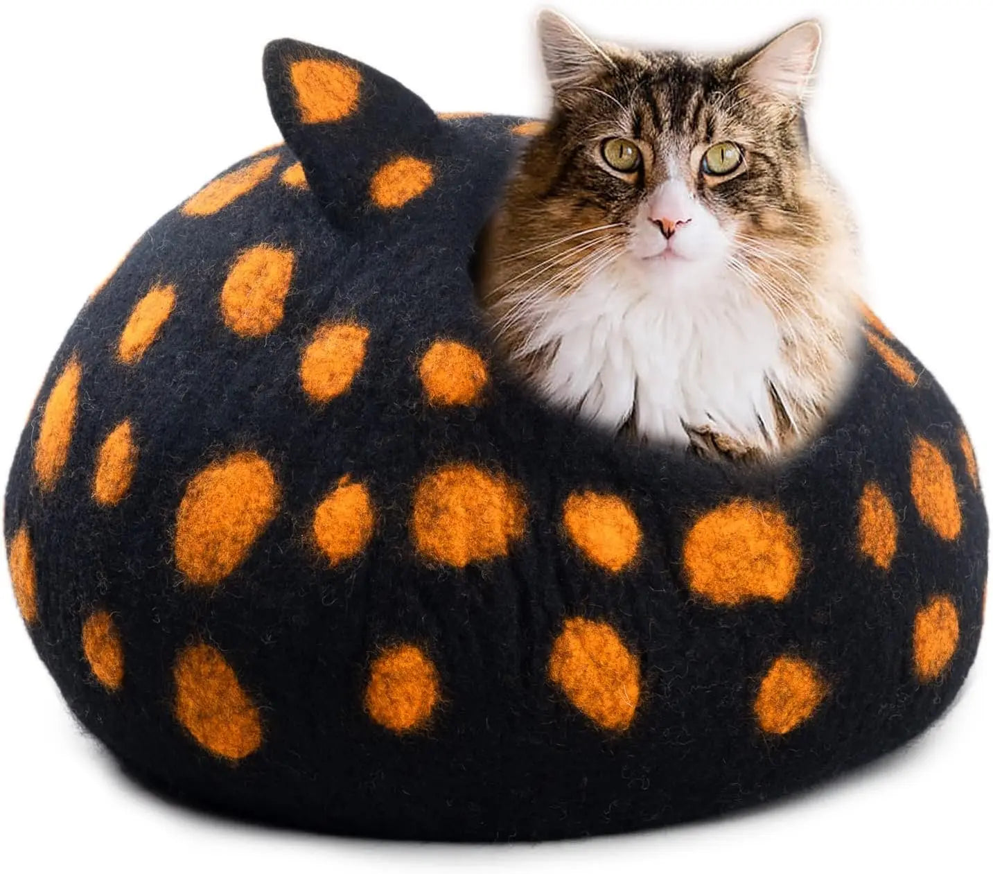 Woolygon Wool Cat Cave Bed - Handcrafted 100% Merino Wool, Eco-Friendly Felt Cat Cave for Indoor Cats and Kittens (Tabby Ears) Woolygon